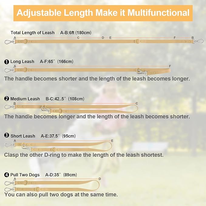 Wisedog Waterproof Dog Leash – 5ft/6ft Adjustable with 2 Hooks & Traffic Handle, Easy to Clean Double Clip Leash for Small, Medium, Large Dogs (Sand Color L)