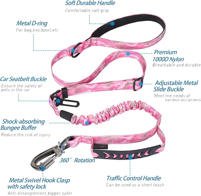 Hotsky Tactical Dog Leash Heavy Duty for Medium Large Dogs That Pull,4-6Ft Strong Bungee Shock Absorbing No Pull Dog Leash with Padded Double Handle and Car Seatbelt,Pink Camo