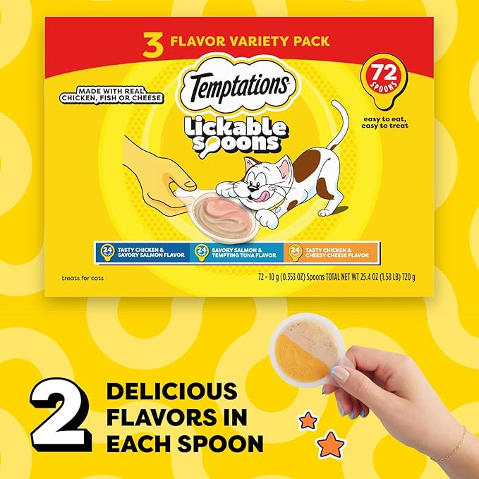 Temptations Lickable Spoons Adult Wet Cat Treats, 72 Spoons, Variety Pack