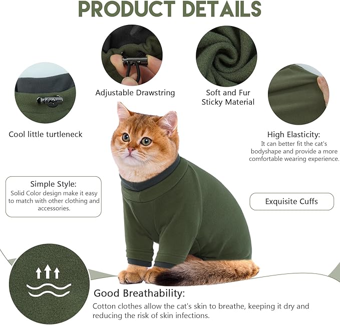 Sticky Cat Clothes Stretchy, Sphynx Hairless Sweater & Pajamas for Cats only, Soft Cat Onesie for Cats After Surgery Female Male & Hair Loss Prevention, Green S