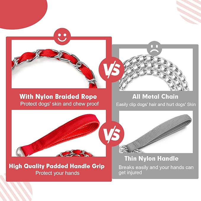 Heavy Duty Metal Dog Leash - Chew Proof Chain with Comfortable PU Leather Padded Handle, Metal Chain and Nylon Rope for Medium Large Pooch Walking Training (6ft 3.0mm Red)
