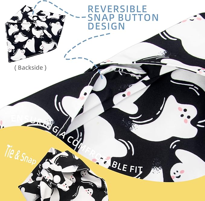 Halloween Dog Bandanas Black Ghost Spooky Boo Costumes, Cute Holiday Triangle Pet Scarf with Snap Button for Boys, 30-75lbs, Medium and Large Breed