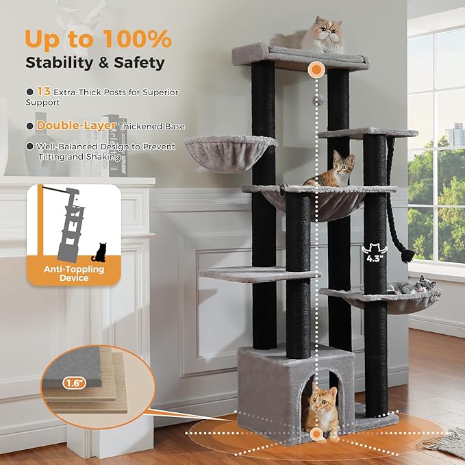 Maine Coon Cat Tree-67 Large Cat Tower for Indoor Cats Large Adult with 7 Thick Black Scratching Posts (φ4.3), Multi-Level Condo, Big Perch & Hammocks -Black