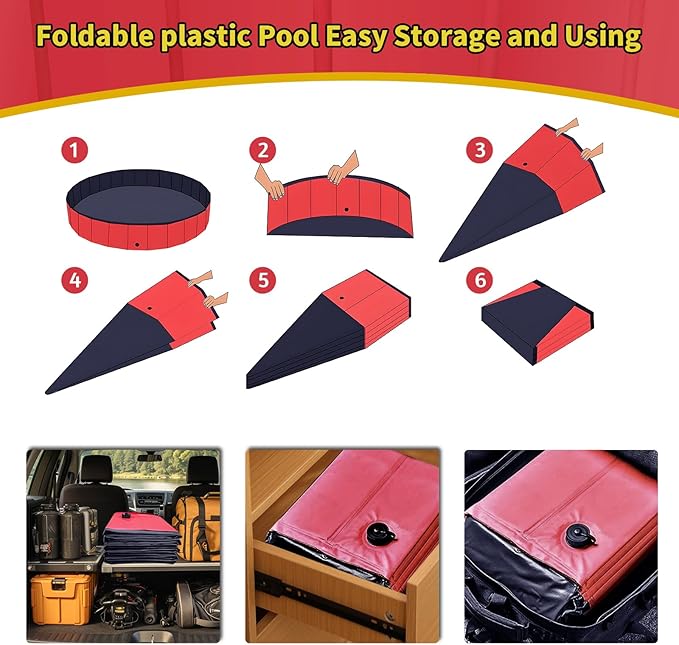 Foldable Dog Pool, 32" x 8" Kiddie Pool with Hard Plastic, Non-Slip Dog Bath Tub for Outdoor Backyard, Collapsible Dog Swimming Pool for Kids Dogs Pets (Red)