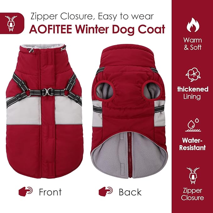 AOFITEE Dog Coat, Large Dog Jacket, Dogs Coat with Harness Built in, Reflective Waterproof Dogs Jackets Winter with Furry Collar, Warm Polar Fleece Pet Sweater Snowsuit for Doberman, Great Dane, XXL