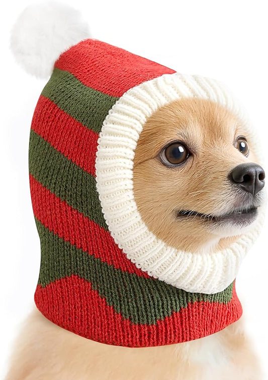 Pawaboo Christmas Pet Hat, Funny Knitted Pets Cap with Pompon, Cute Crocheted Snood Winter Warm Pet Hat, Neck Ear Warmer Hood Warm Scarf Xmas Decoration Santa Hats for Small Dogs, S, Red+Green