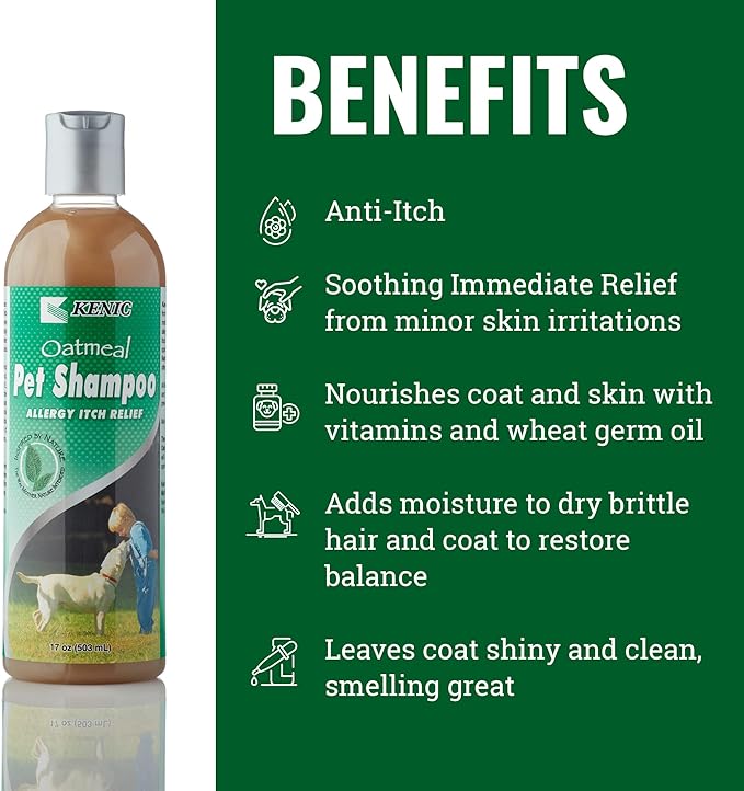 Kenic Oatmeal Anti-Itch Conditioning Pet Shampoo w/Almond Oil for Dogs and Cats, Dry Itchy Skin Relief, Moisturizing & Deodorizing, Soap Free, Safe for Puppies, Made in USA, 17oz