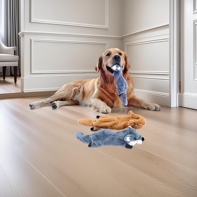 Squeaky Plush Squirrel Dog Toys, No-Stuffing Design, Set of 2, Blue and Yellow, for Small & Medium Dogs