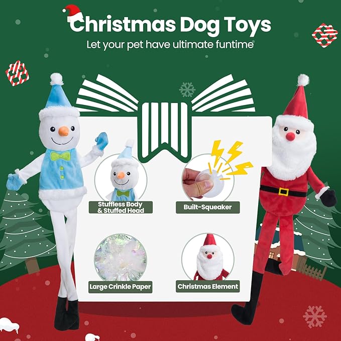 HGB Squeaky Christmas Dog Toys, Plush Crinkle Dog Toys for Large, Medium, Small Dogs to Keep Them Busy & Reduce Anxiety, Holiday Pet Gifts, 2 Pack