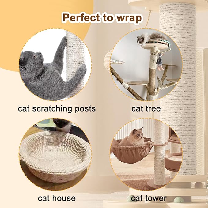 Sisal Rope for Cat Scratcher, Cymuber 6mm Cat Sisal Rope for Replace Scratching Post and Scratcher Repair, DIY Hemp Twine for Tree Tower Carpet Mat Kicker House Pet Toy and Crafts(65-Feet/20M)