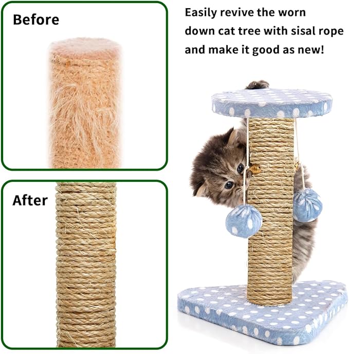 Natural Sisal Rope 1/4 Inch by 65-Feet for Cat Scratching Post Tree Tower Replacement Repair and Replace, DIY Hemp Twine Rope for Kittens Shelves Furniture Window Bed Perch Hammock cave, 6mm by 20m