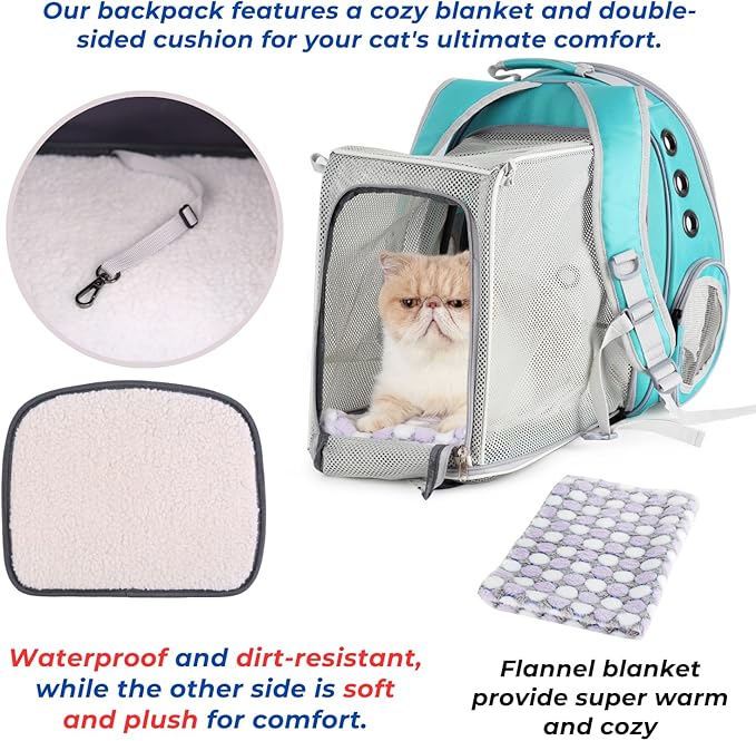 Lollimeow Cat Carrier Backpack, Bubble Expandable Backpack Carrier, Pets and Small Dogs,Airline-Approved, Designed for Travel, Hiking, Walking & Outdoor Use (Square Back Expandable-Green)