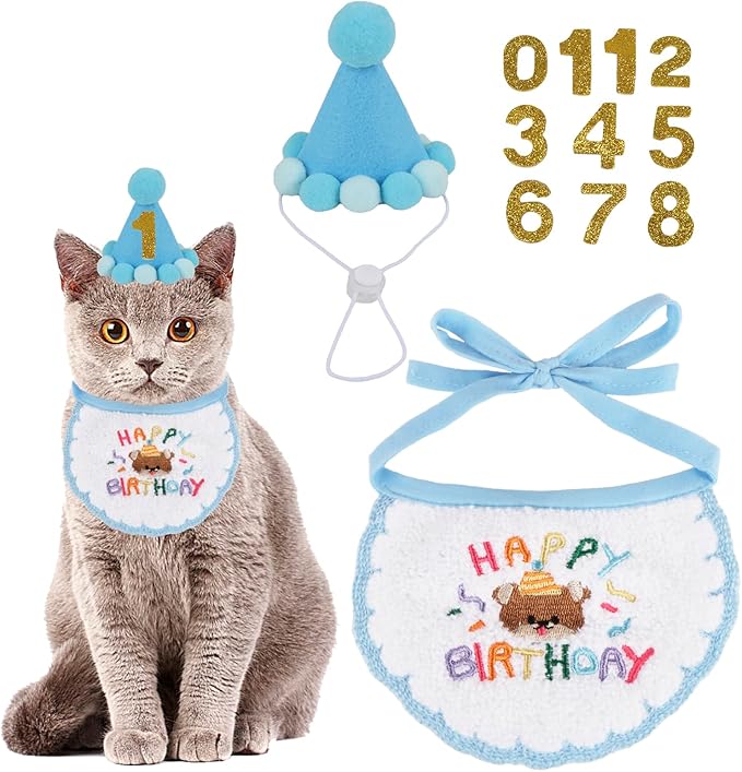 PTDECOR Cat Birthday Party Supplies, Blue Hat with Numbers Cat Bandana Pet Decorations for Kitten Birthday Outfits (Blue)