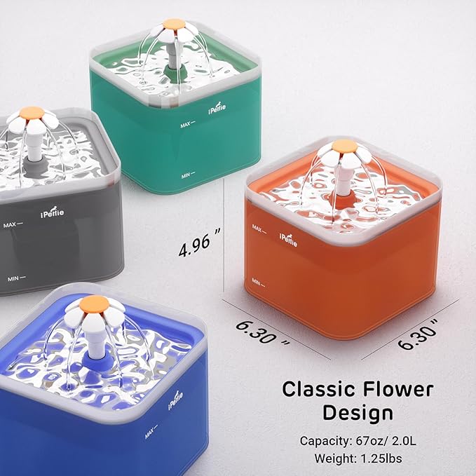 iPettie Neverland Cat Water Fountain with LED Light, 67oz/2.0L, Ultra Quiet Drinking Waterer, Automatic Filtered Water Dispenser, Water Purifier for Pets, Grey