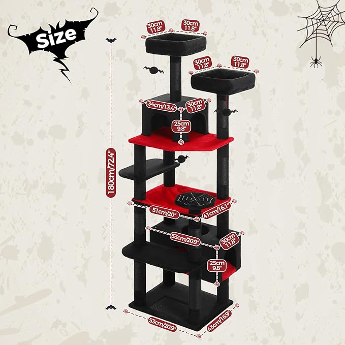 PAWZ Road Large Cat Tree, 72 Inches Gothic Cat Tower for Large Cats, Cat Condo with Sisal-Covered Scratching Posts and Pads, 2 Padded Perch, Dual Condo and Basket for Indoor Cats-Black