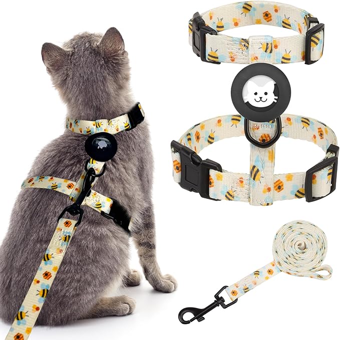 BINGPET Cat Harness and Leash Set Escape Proof for Walking,Adjustable Kitten Harness with Airtag Holder for Small Medium Large Cats (Cute Bee Print,Neck:8"-12",Chest:12.5"-18")