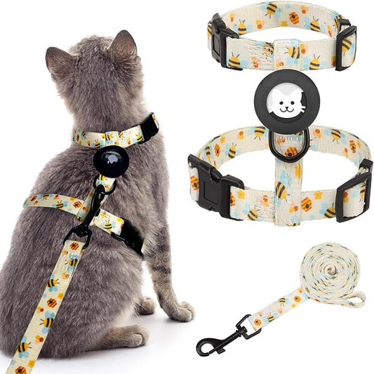BINGPET Cat Harness and Leash Set Escape Proof for Walking,Adjustable Kitten Harness with Airtag Holder for Small Medium Large Cats (Cute Bee Print,Neck:8"-12",Chest:12.5"-18")