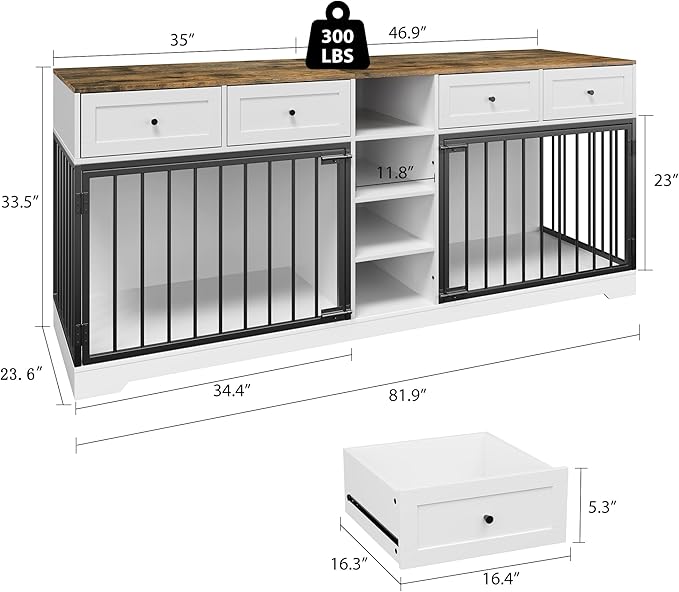 GarveeHome 82" Double Dog Crate Furniture, Large Dog Kennel Indoor for 2 Dogs, Heavy Duty Wooden Dog Crate TV Stand with 4 Drawers and Shelves, White/Brown