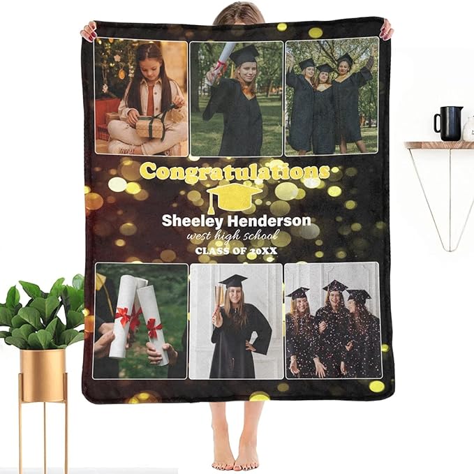 Custom Graduation Blanket with Photo, Customized Collage Personalized Blankets Gift for Son Daughter Boys Girls Him Her, Customizable Pictures Throws Souvenir for Family and Friends