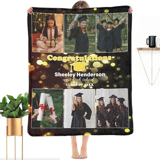 Custom Graduation Blanket with Photo, Customized Collage Personalized Blankets Gift for Son Daughter Boys Girls Him Her, Customizable Pictures Throws Souvenir for Family and Friends