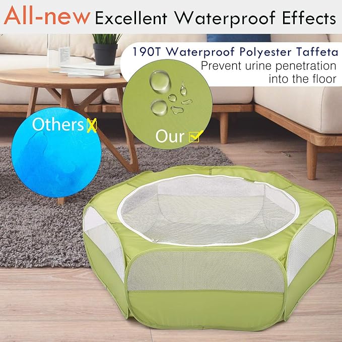 Pawaboo Small Animals Playpen, Waterproof Small Pet Cage Tent with Zippered Cover, Portable Outdoor Yard Fence with 3 Metal Rod for Chick/Kitten/Puppy/Guinea Pig/Rabbits/Hamster/Chinchillas,Green