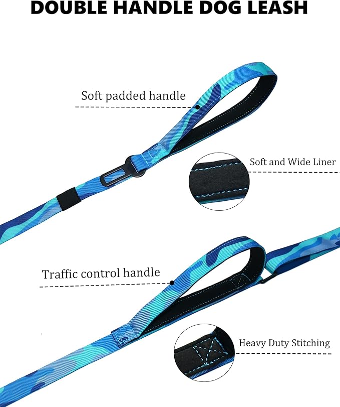 Hotsky Heavy Duty Dog Leash,4.5-6 FT Adjustable Durable Nylon Seatbelt Lead with Two Padded Traffic Handle and Carabiner for Large Medium and Small Breed Dogs,Blue Camo