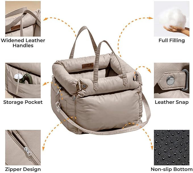 FUNNYFUZZY Dog Car Seat for Medium Sized Dogs, Waterproof 3 in 1 Soft Leather Dog Car Bed for Travel and Home,Portable and Safety,Fits Pets Up to 35 lbs(Khaki)