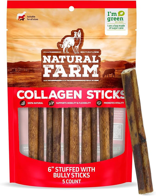 Natural Farm Bully Sticks Stuffed Collagen Sticks for Dogs (6 Inch, 5-Pack), Rawhide-Free Collagen, Natural Dog Chews, Long Lasting, for Small, Medium and Large Dogs, Great Rawhide Alternative