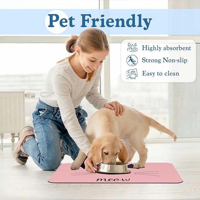 Pink Cat Dog Food Mat–Absorbent Quick Dry Feeding Placemat for Food and Water Bowls, Non Slip Rubber Backing, Waterproof Pet Supplies for Mess-Free Eating 12"x20"