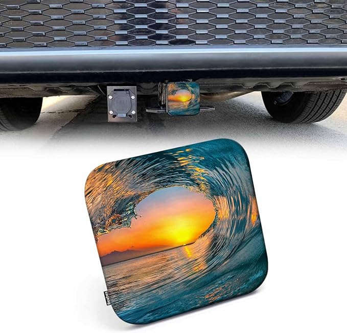 Ocean Waves Trailer Hitch Plug Cover Sunset Sea Ocean Waves Rubber Receiver Hitch Cover Protects Hitch Tube Tow Hitch Accessories for 2 Inch Receivers