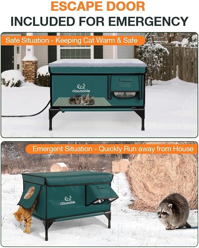 Indestructible Heated Cat House for Outside Winter, 100% Waterproof, Safe Escape Door, Insulated Outdoor Cat Shelter with Heater for Feral Barn Cat Kitty (Forest Green, 12"x16"x18")