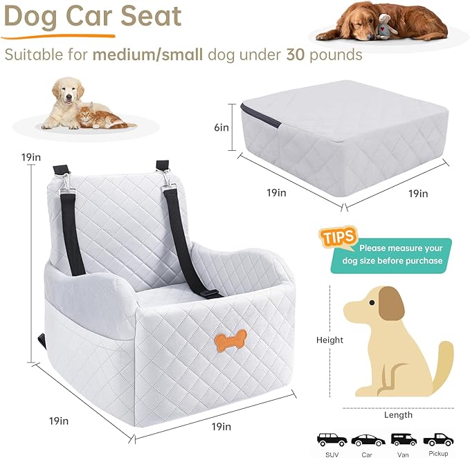 Dog Car Seat for Small Dogs, Dog Booster Seat Filling in Thick Memory Foam with 2 Safety Leashes and Storage Pocket, Suitable for Pet Under 30lb or 2 Puppies (Gray)