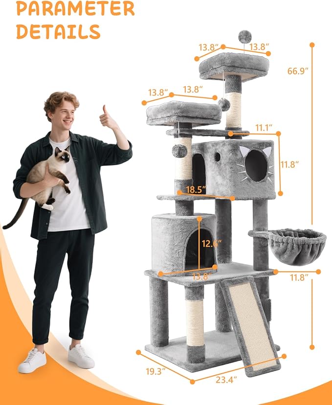 66in Multi-Level Large Cat Tree Tower for Indoor Cat/Kitties, Mordern Cat Tower with Sisal Scratching Posts, Condos and Hammock, Perches, Ramp for Climbing Heavy Duty