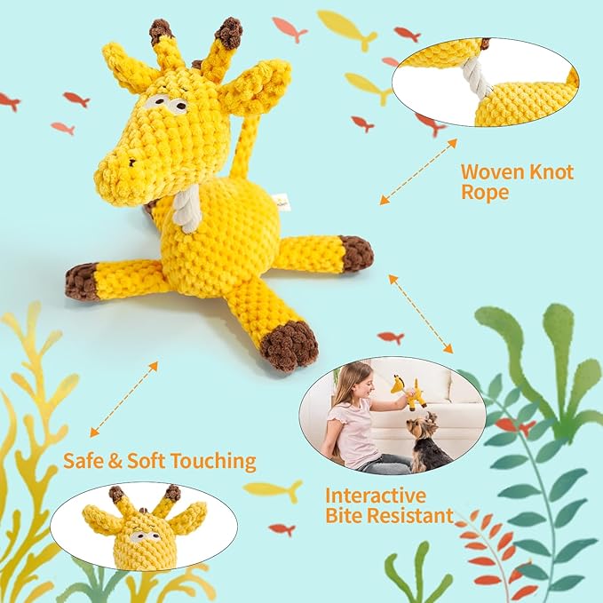 4-Pack Squeaky Dog Toys Set Plush Dog Toy with Rope for Small Medium Dogs Bundle Dog Chew Toys; Giraffe, Elephant, Cow and Dinosaur Interactive Dog Toy Stuffed Animals Toys to Keep Them Busy