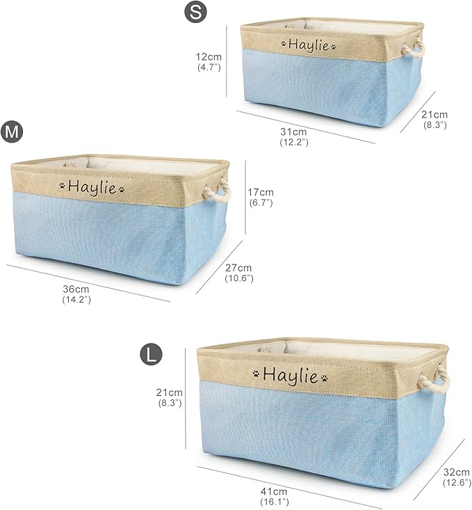 Personalized Dog Toy Box, Dog Toy Basket Storage with Cotton Handle, Customized Name and Paw Heart Print Puppy Toy Bin for Organizing Food Clothes and Pets Accessories(Paw Light Blue)