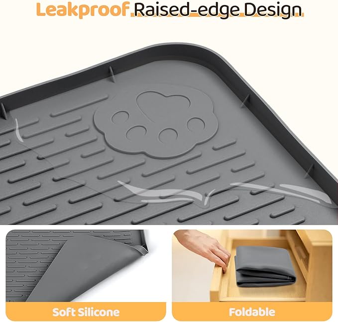 Dog Food Mat, Extra Large 34" x 22" Silicone Pet Feeding Mat with Raised Edge Pet Placemat for Small, Medium, and Large Pets Non-Slip, Easy to Clean (Dark Grey)