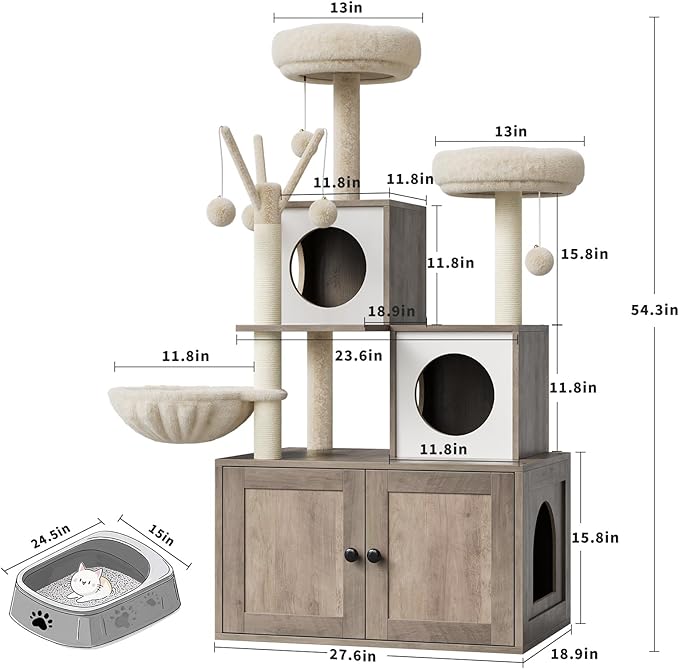 Litter Box Enclosure with Cat Tree Tower and Condo, Hidden Cat Washroom Furniture with Sisal Scratching Post & Soft Plush Perch, Wooden Cat Furniture with Multiple Platforms,Griege