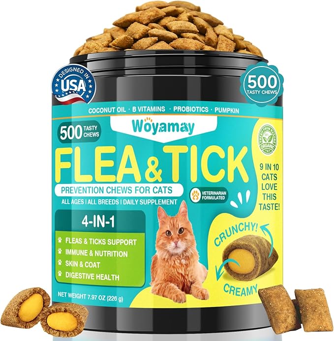 4-IN-1 Flea and Tick Prevention for Cats, 500 Crunchy & Creamy Chews, Cat Flea Treatment, Natural Oral Flea Treatment for Cats, Daily Support for Flea, Immune, Skin & Coat, Gut, Chicken Flavor