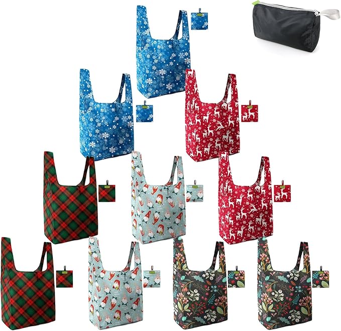 BeeGreen Christmas Reusable Grocery Bags with Zipper Storage Pouch 10 Packs Deer Reusable Shopping Bags Bulk with Elastic Band Foldable-Machine Washable Christmas Gifts Tote Bags