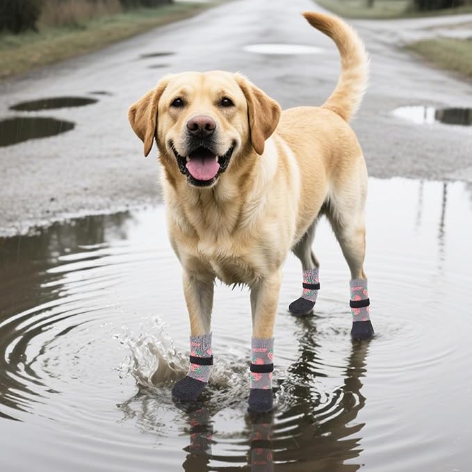 PUPTECK Anti Slip Dogs Shoes for Hot/Cold Pavement, Senior Booties, Rubber Boots & Paw Protectors for Small Medium Large Size Dogs to Prevent Licking, Grippy Socks for Hardwood Floors, Strawberry S
