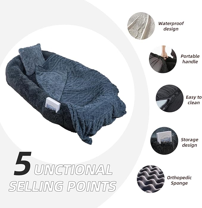 Human Dog Bed, 71''x45''x12'' Size Fits You and Pets, Washable Faux Fur Pet Bed for People Doze Off, Napping Orthopedic Dog Bed, Present Plump Pillow, Blanket, Strap - Dark Grey