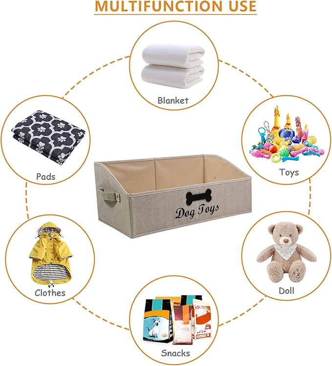 Collapsible Dog Toy Box - Fabric Storage for Toys/Blankets/Leashes - Khaki Stripe