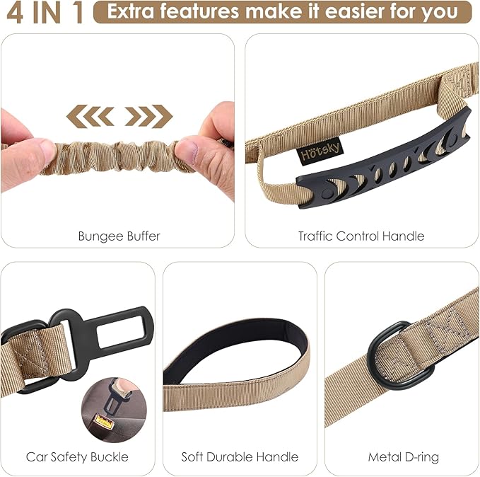 Hotsky Tactical Dog Leash Heavy Duty,4-6Ft Strong Bungee Shock Absorbing Lead with Padded Double Handle,Car Seatbelt,Metal Carabiner Clip,No Pull Leash for Small Dogs,Khaki