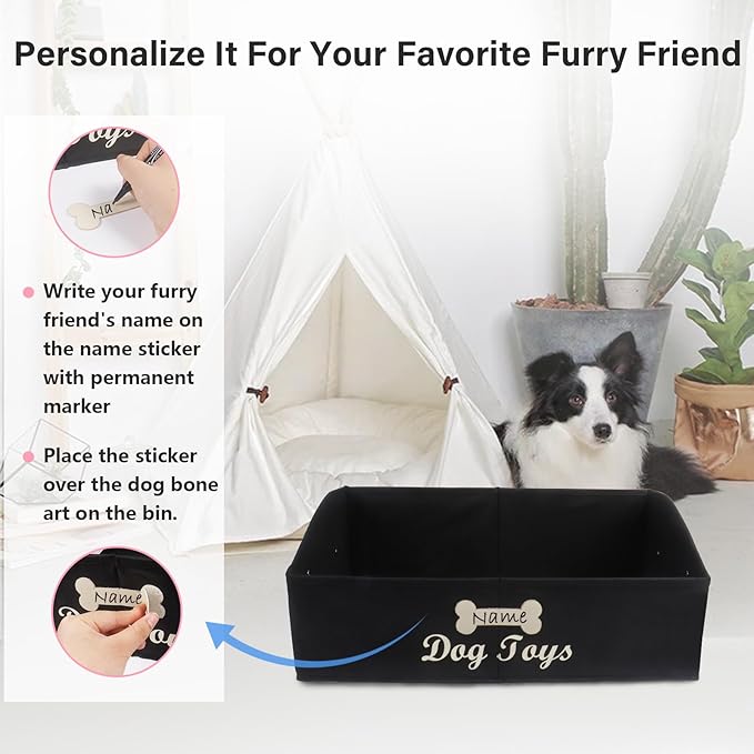 Collapsible Dog Toy Box - Fabric Storage for Toys/Blankets/Leashes - Personalizable - Black