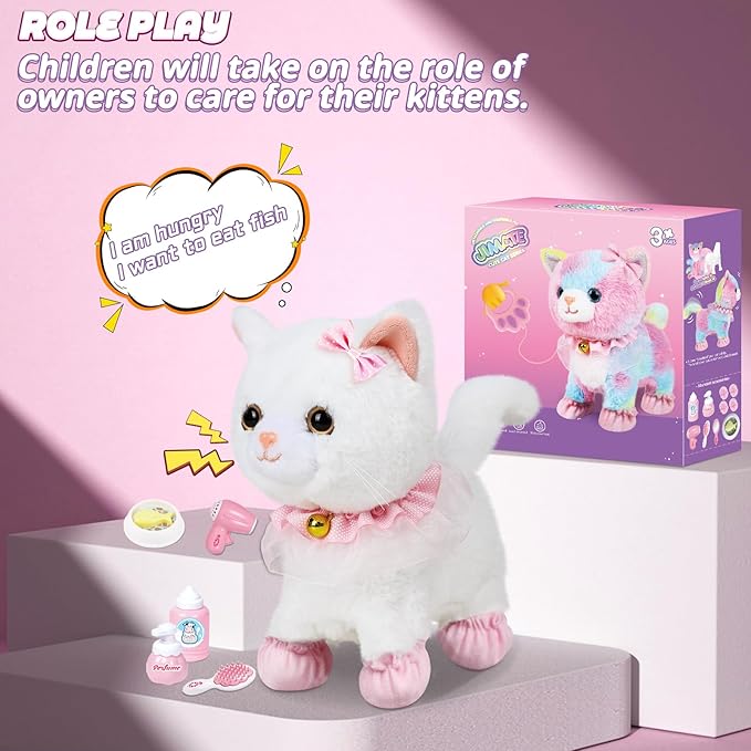 Interactive Electronic Plush Toy Walking and Barking Robot Cat Plush Cat Remote Control Kitten for Girls (White Cat)