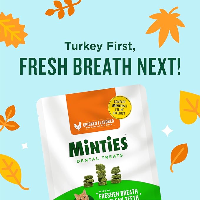 Minties Dental Treats for Cats, Chicken Flavored Treats for Cats, Freshens Breath and Controls Tartar, 30oz (12 2.5oz Bags)