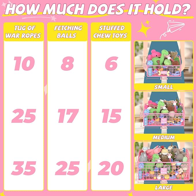 Indestructible Dog Toy basket, Medium Toy Box for Dogs,Pet Toy Bin Dog Metal Basket for Toys, Toy Storage Organizer, Living Room Area (Pink)