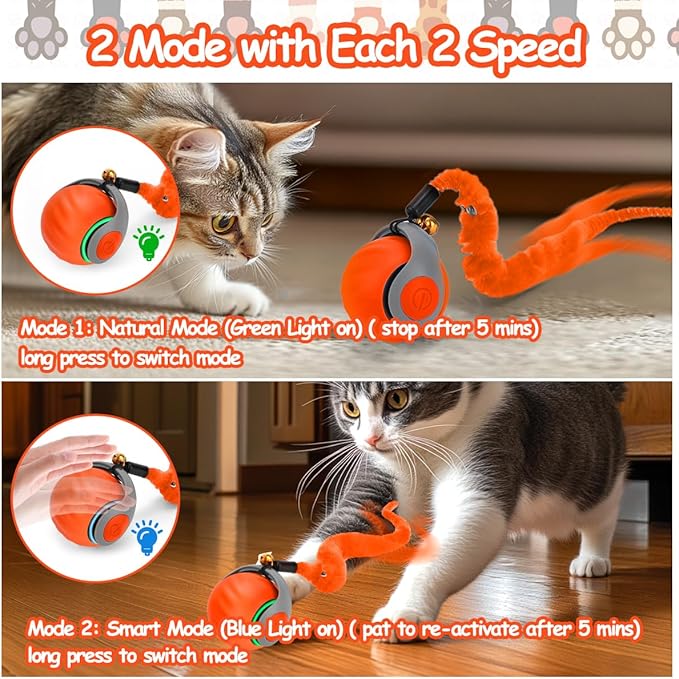 2PCS Interactive Cat Toy Ball with Feather Tails - Speedy Cat Toys for Indoor Cats, Moving Stimulation Smart Cat Toy for Enrichment, Motion Activated Automatic Rolling Toys to Keep Them Busy Orange