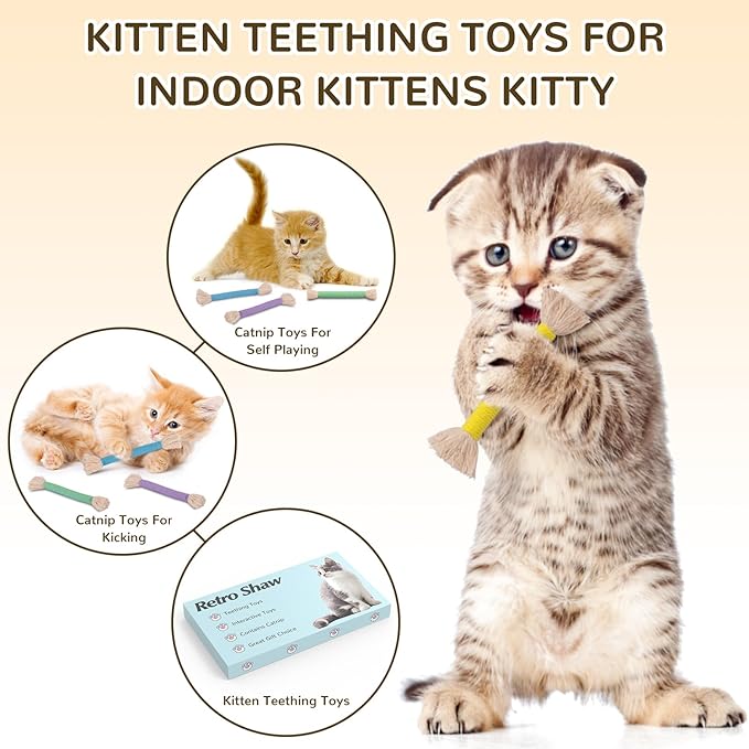 Retro Shaw Cat Toys Ropes with Catnip 6Pcs, Safe Teething Cleaning Kitten Toys for Indoor Cats Kitty, Interactive Cat Nip Chew Toys Kicker