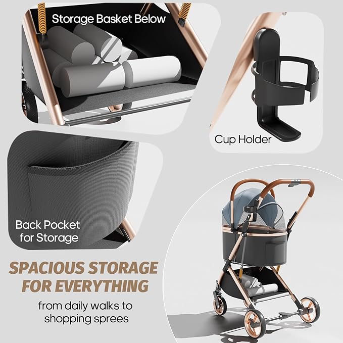 Pet Stroller with 4 Wheels, Dog Stroller with Detachable Carrier, One-Click Folding Pet Travel Carrier for Small, Medium Dogs Cats up to 50lbs, 3 in 1 Multifunctional (Cerulean)